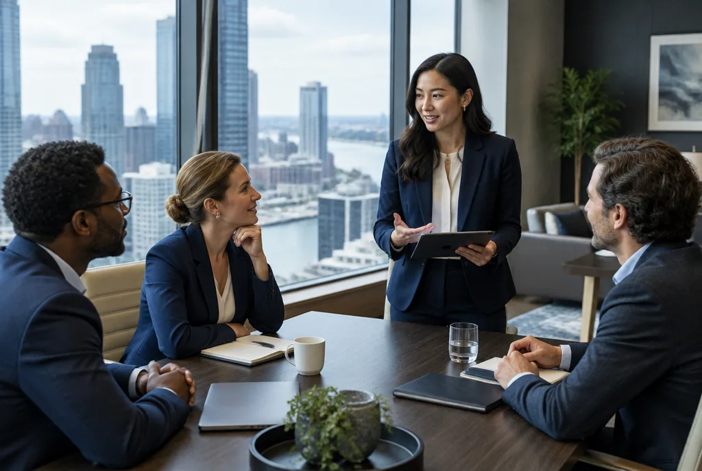 Corporate team meeting in a glass-walled room