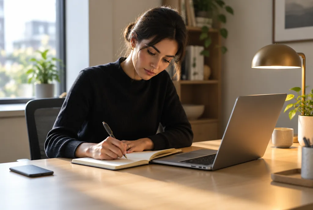 Woman writing with her phone face down