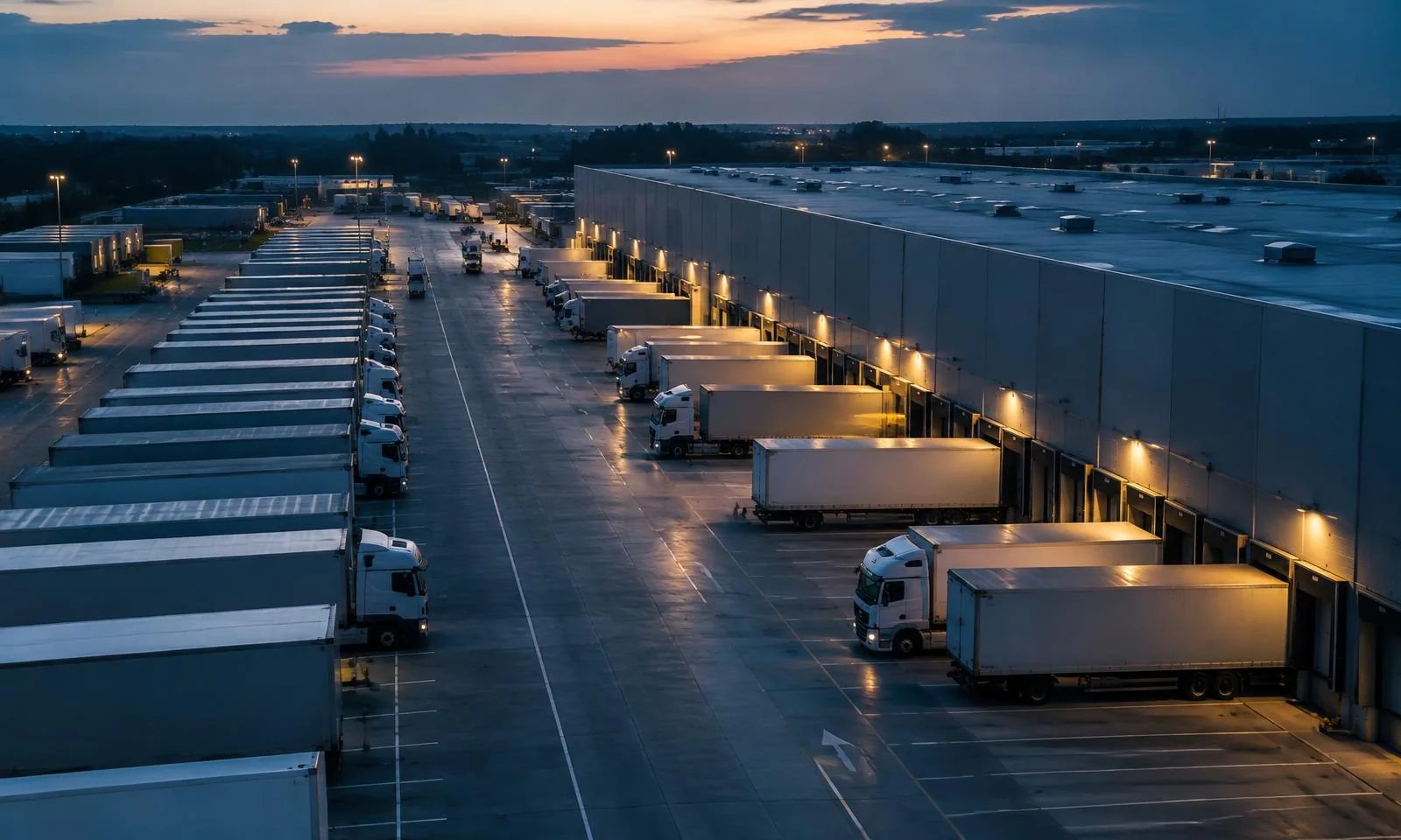 Rows of unbranded trucks at a logistics hub at dusk