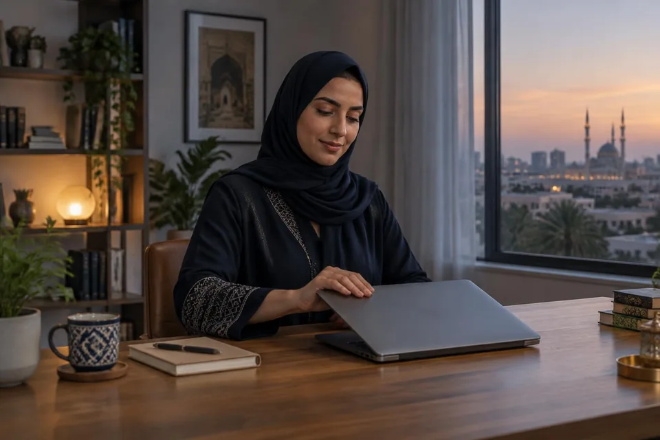 Knowledge worker closing her laptop in calm evening light