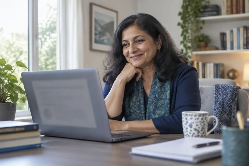 Adult learner looking pleased at her laptop after completing course work