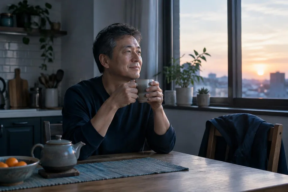 Night-shift worker unwinding with tea at home at sunrise