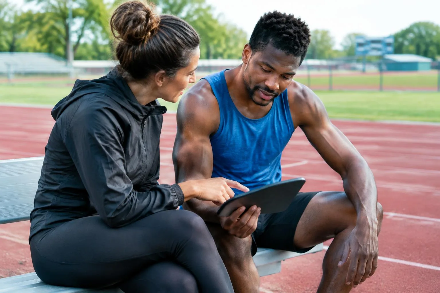 Coach and athlete reviewing a training plan on a tablet at a track