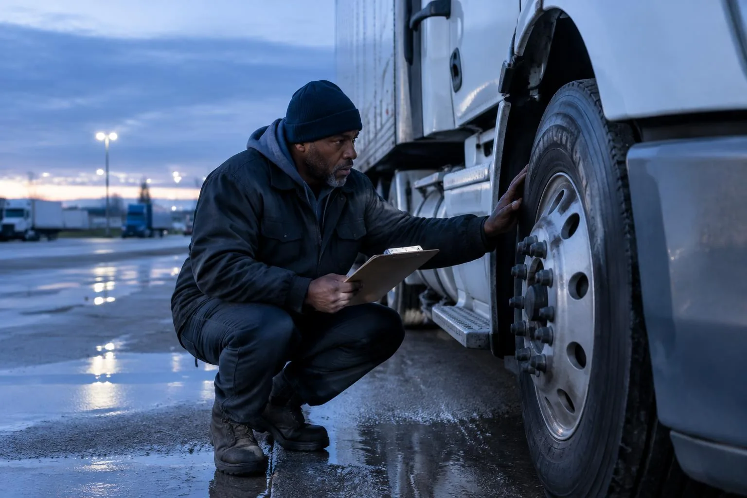 Long-haul driver checking a tire during a pre-shift inspection at a truck stop