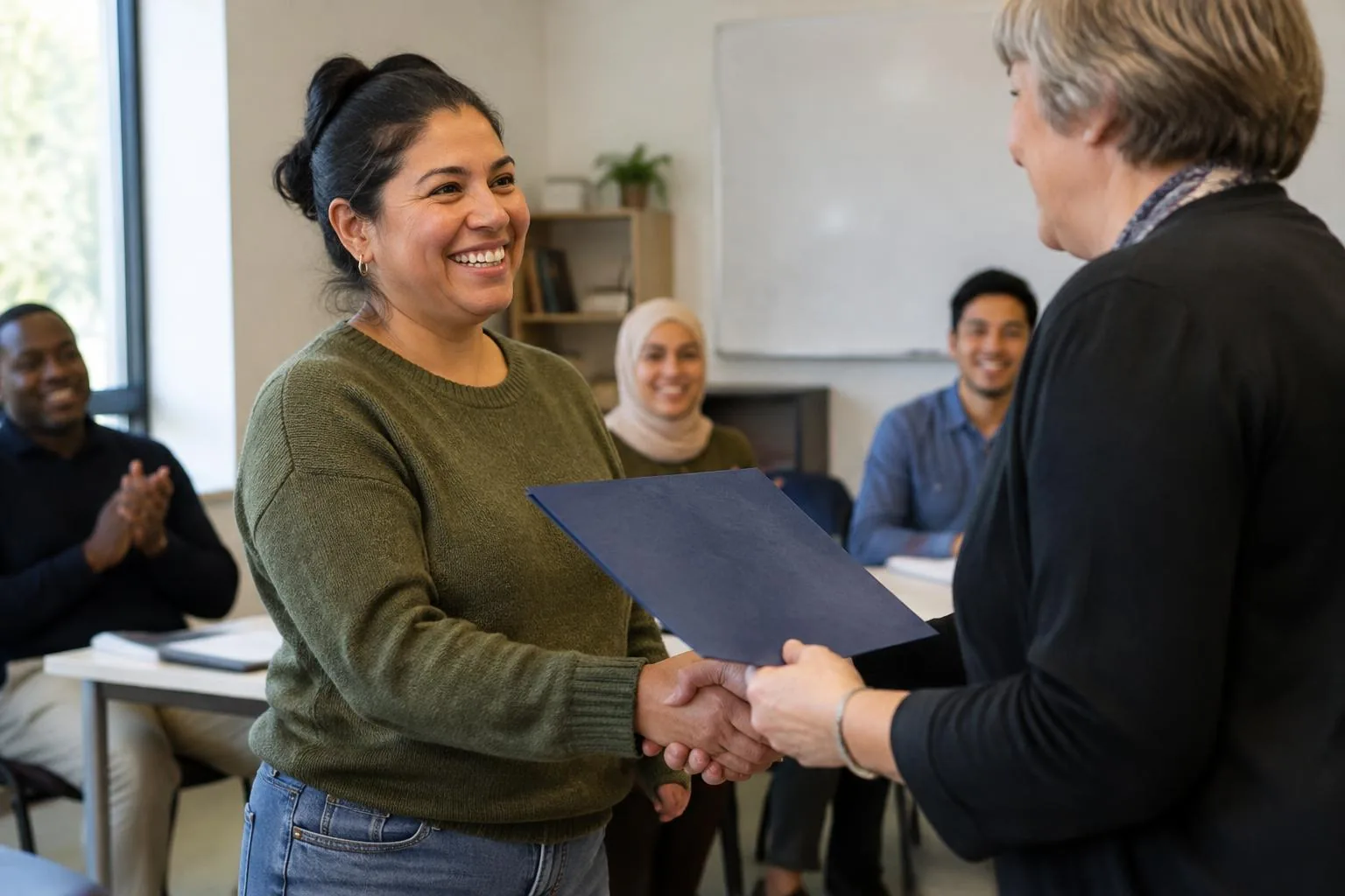 Adult learner receiving a certificate with a handshake