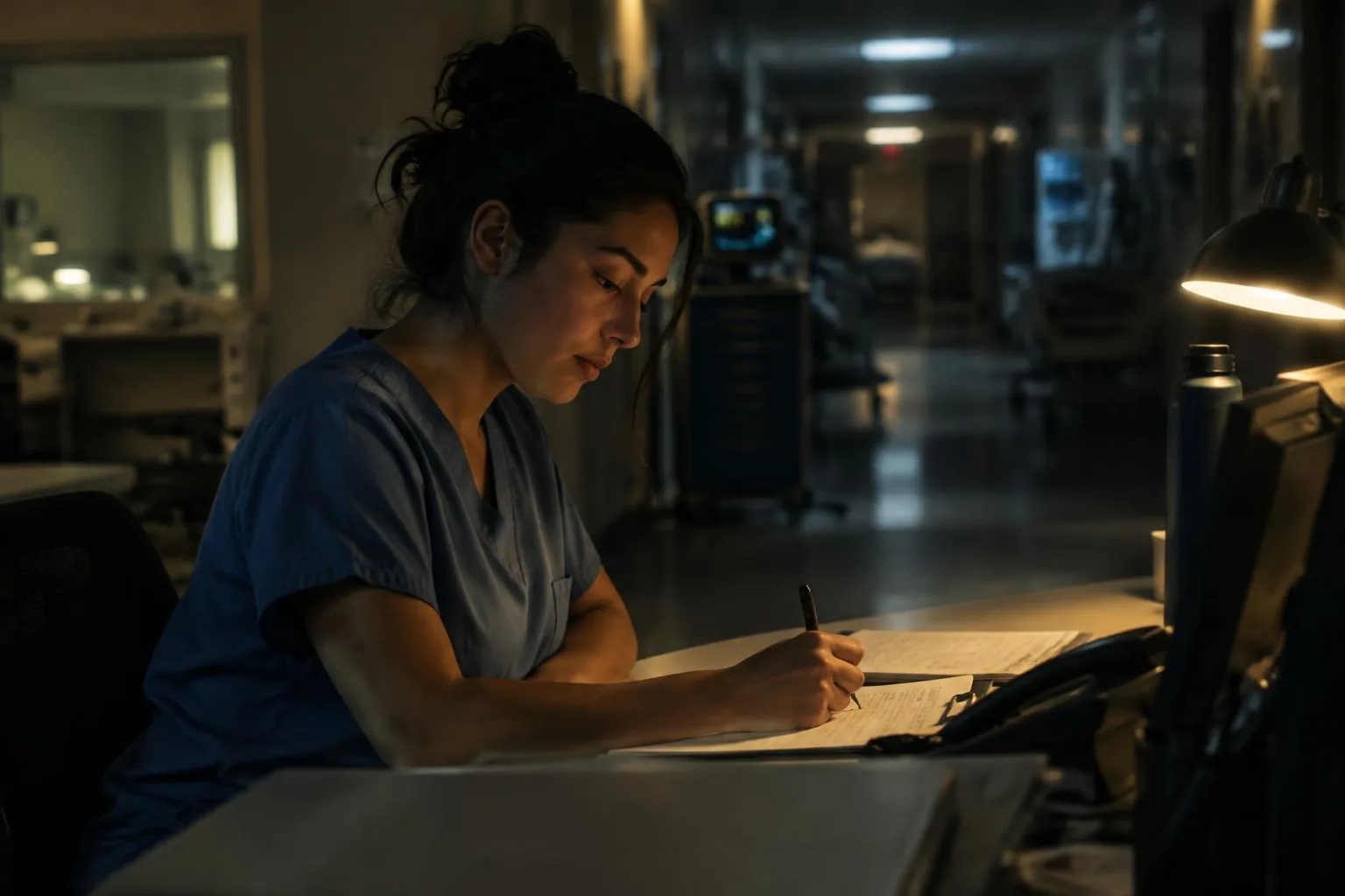 Night-shift nurse writing notes at a dimly lit nursing station