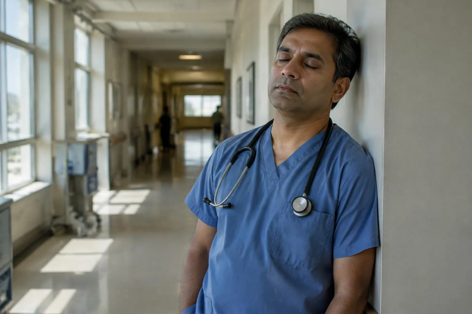 Physician taking a quiet pause between rounds in a hospital corridor