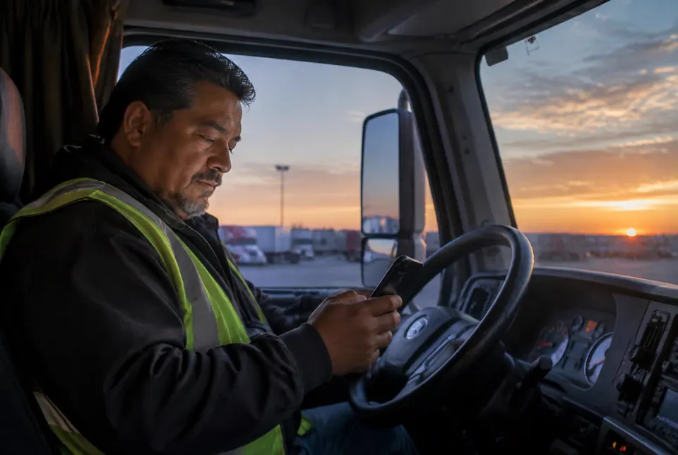 Truck driver doing a phone check-in in his cab at dawn