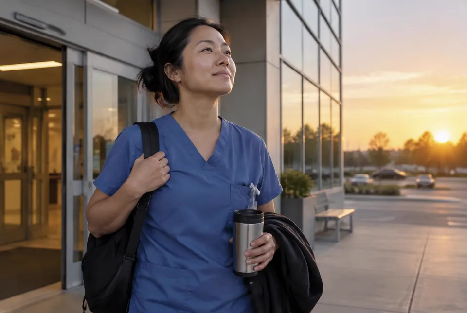 Nurse stepping outside the hospital at sunrise after a night shift